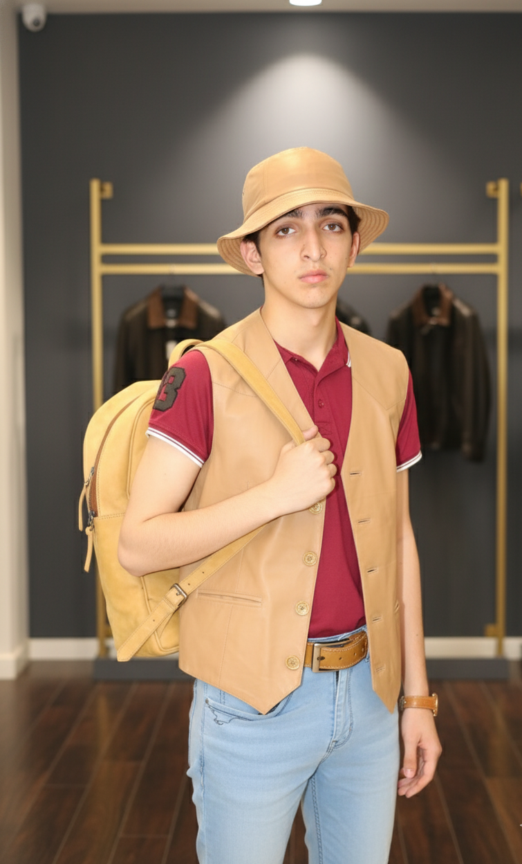 Men’s Tan Leather Vest – Smart Casual Travel Edition