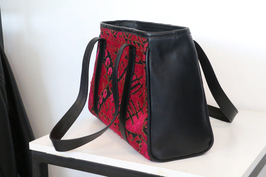 Crimson Heritage Tote – Leather & Embroidered Fabric Bag