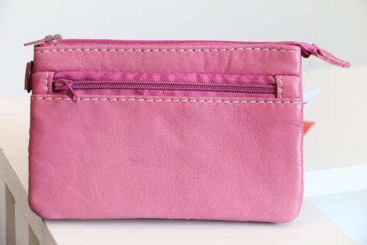 Compact Pink Leather Zipper Pouch