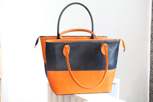 Classic Two-Tone Leather Tote Hand Bag