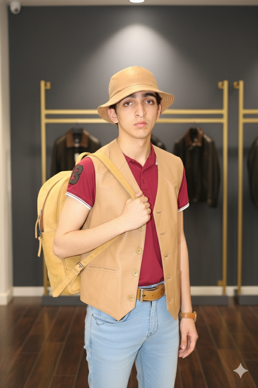 Men’s Tan Leather Vest – Smart Casual Travel Edition