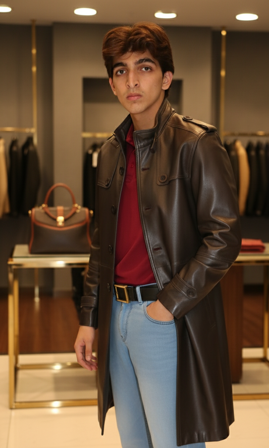 Men’s Long Brown Trench Leather Coat