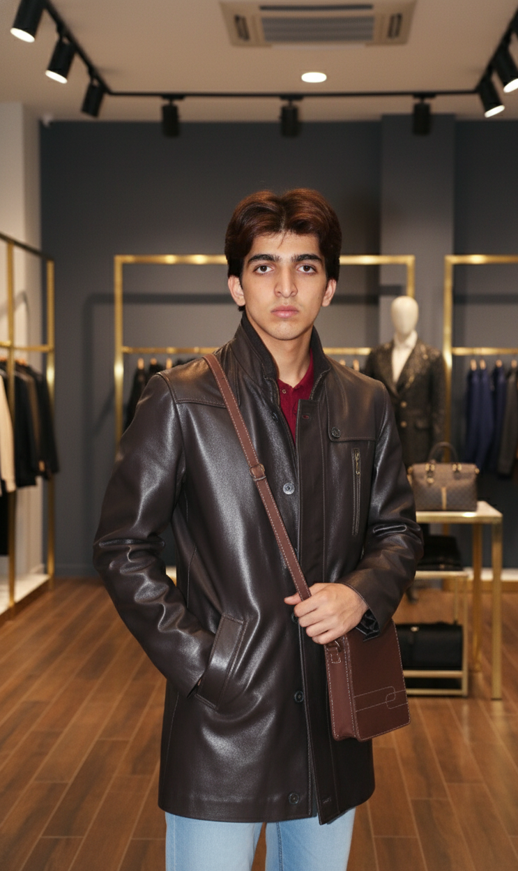 Men’s Long Brown Leather Coat – Classic Premium Look