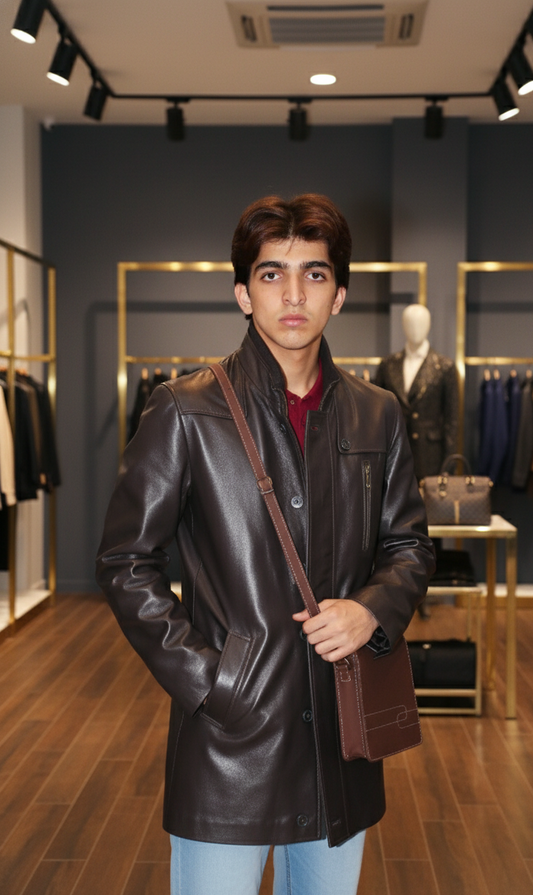 Men’s Long Brown Leather Coat – Classic Premium Look