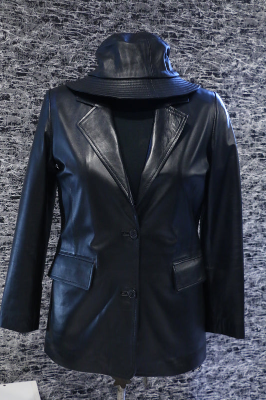 Women’s Black Faux Leather Long Blazer Jacket