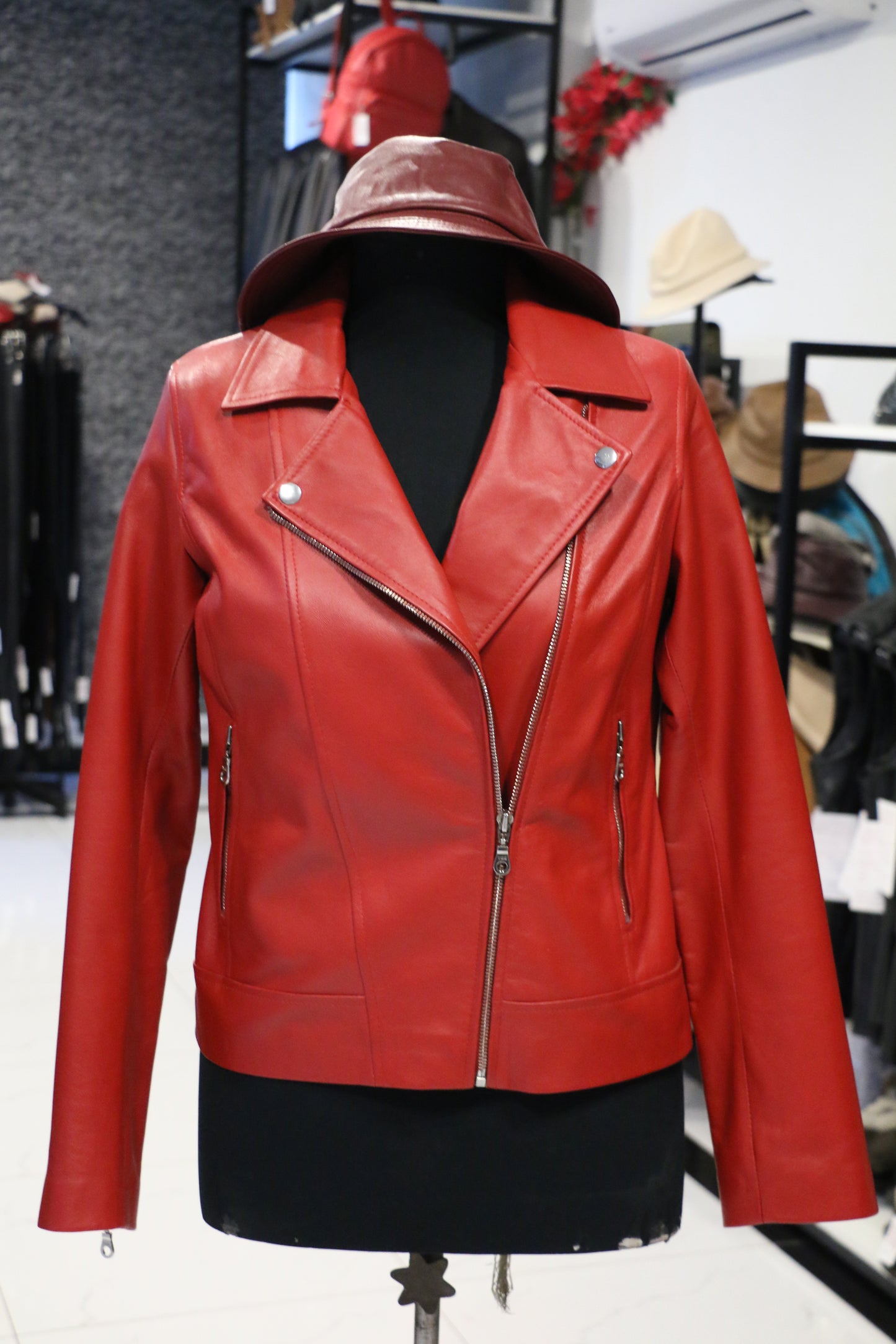 Women's Luxe Crimson Leather Moto Jacket