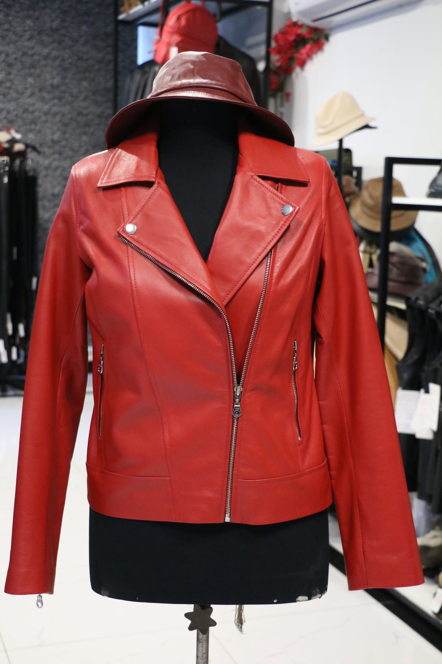 Women's Luxe Crimson Leather Moto Jacket