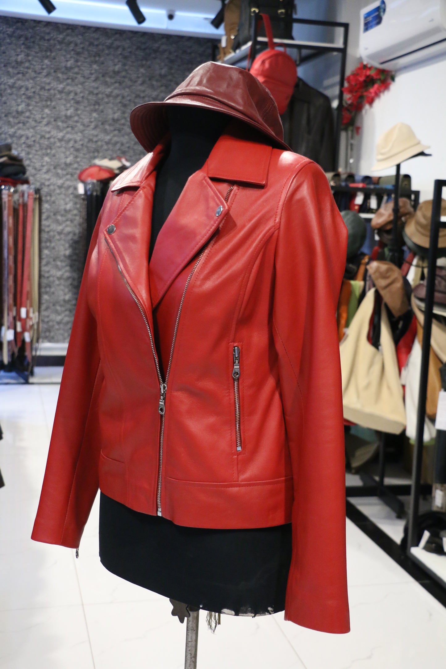 Women's Luxe Crimson Leather Moto Jacket