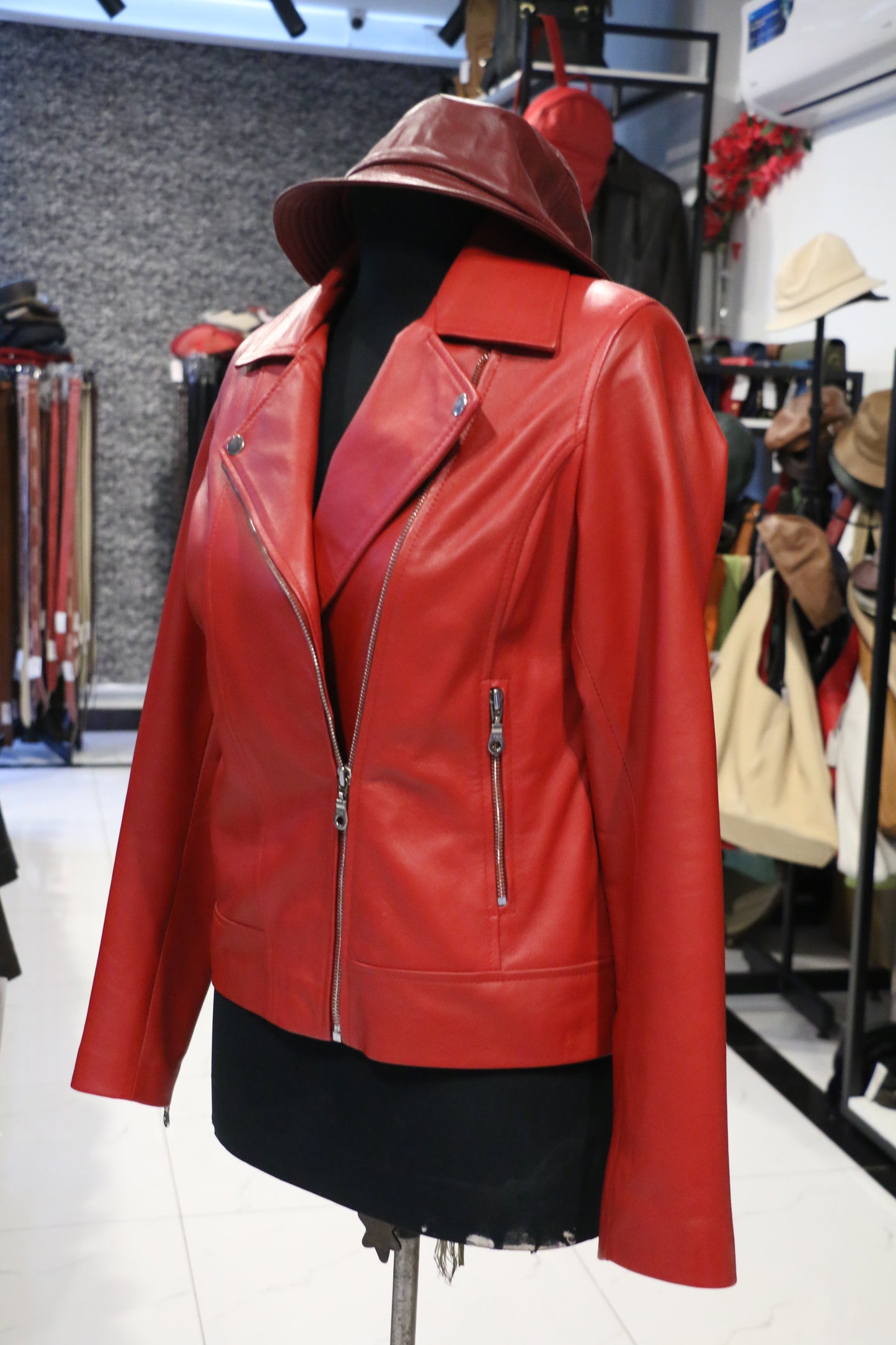 Women's Luxe Crimson Leather Moto Jacket