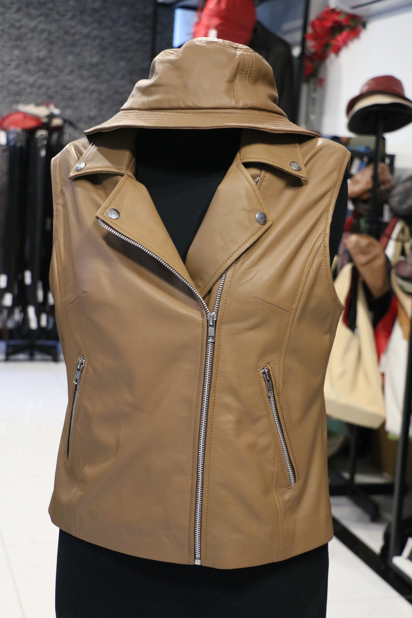 Premium Tan Sleeveless Leather Jacket