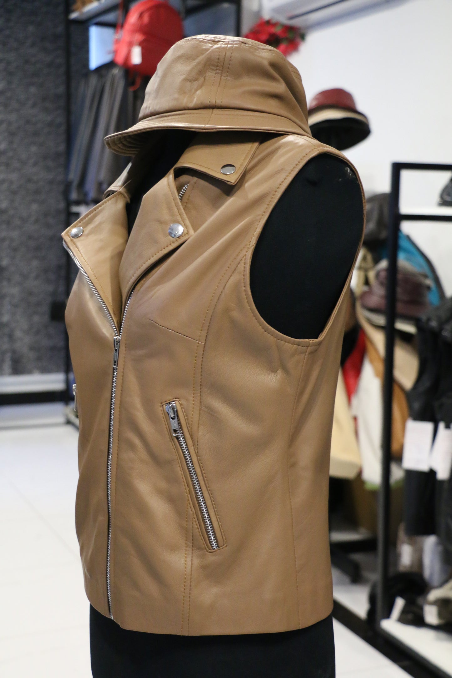 Premium Tan Sleeveless Leather Jacket