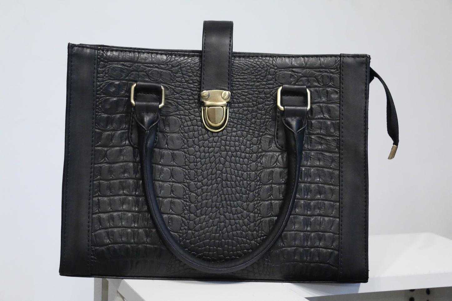 Classic Black Croc-Embossed Leather Handbag