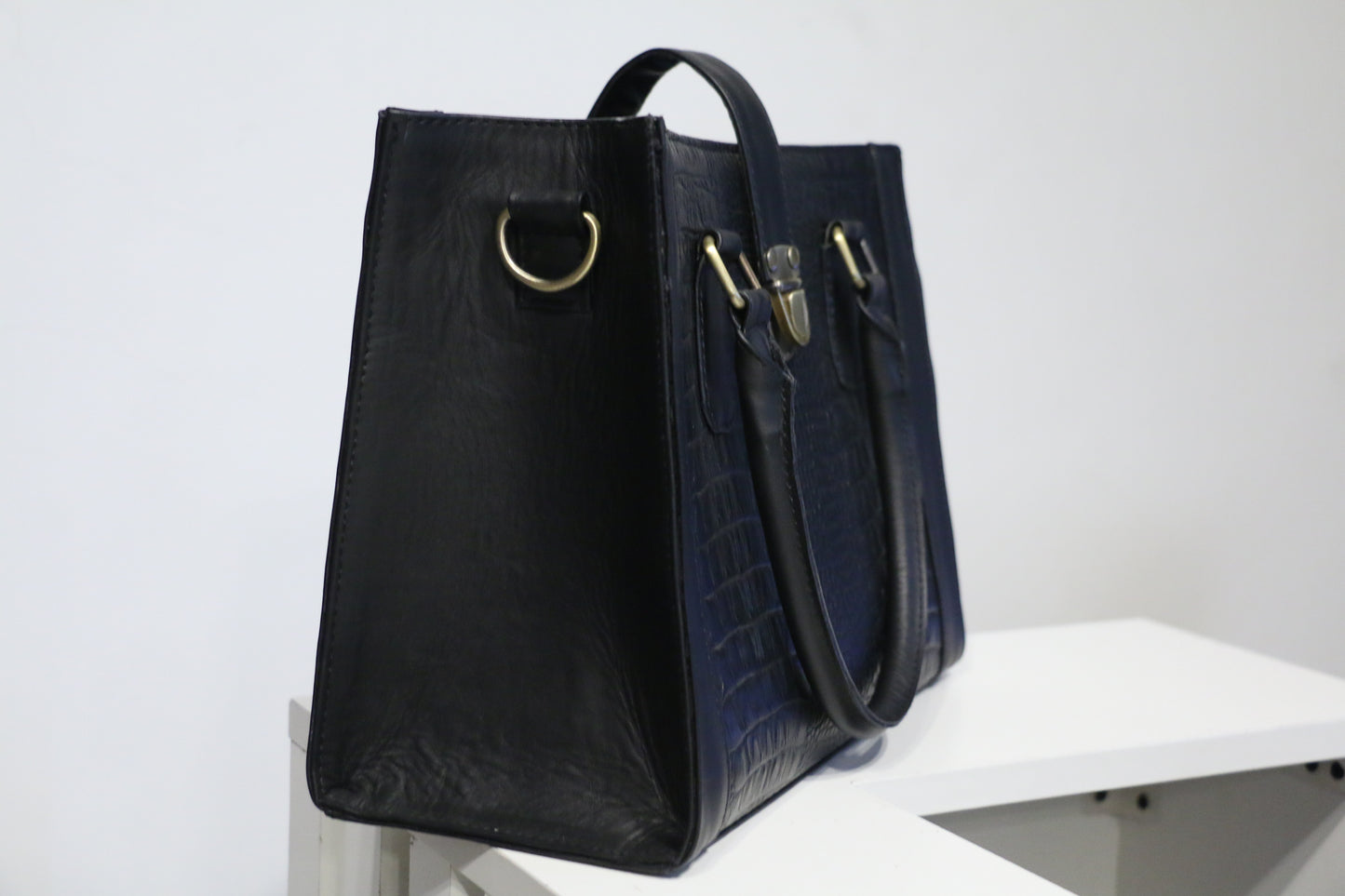 Classic Black Croc-Embossed Leather Handbag