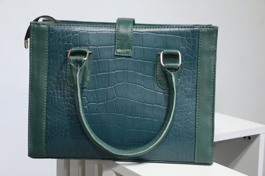 Elegant Dark Green Croc-Textured Leather Handbag