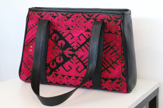 Crimson Heritage Tote – Leather & Embroidered Fabric Bag