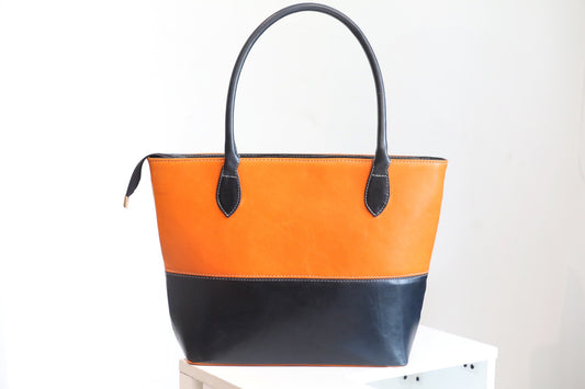 Classic Two-Tone Leather Tote Hand Bag