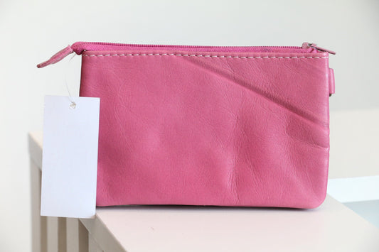 Compact Pink Leather Zipper Pouch
