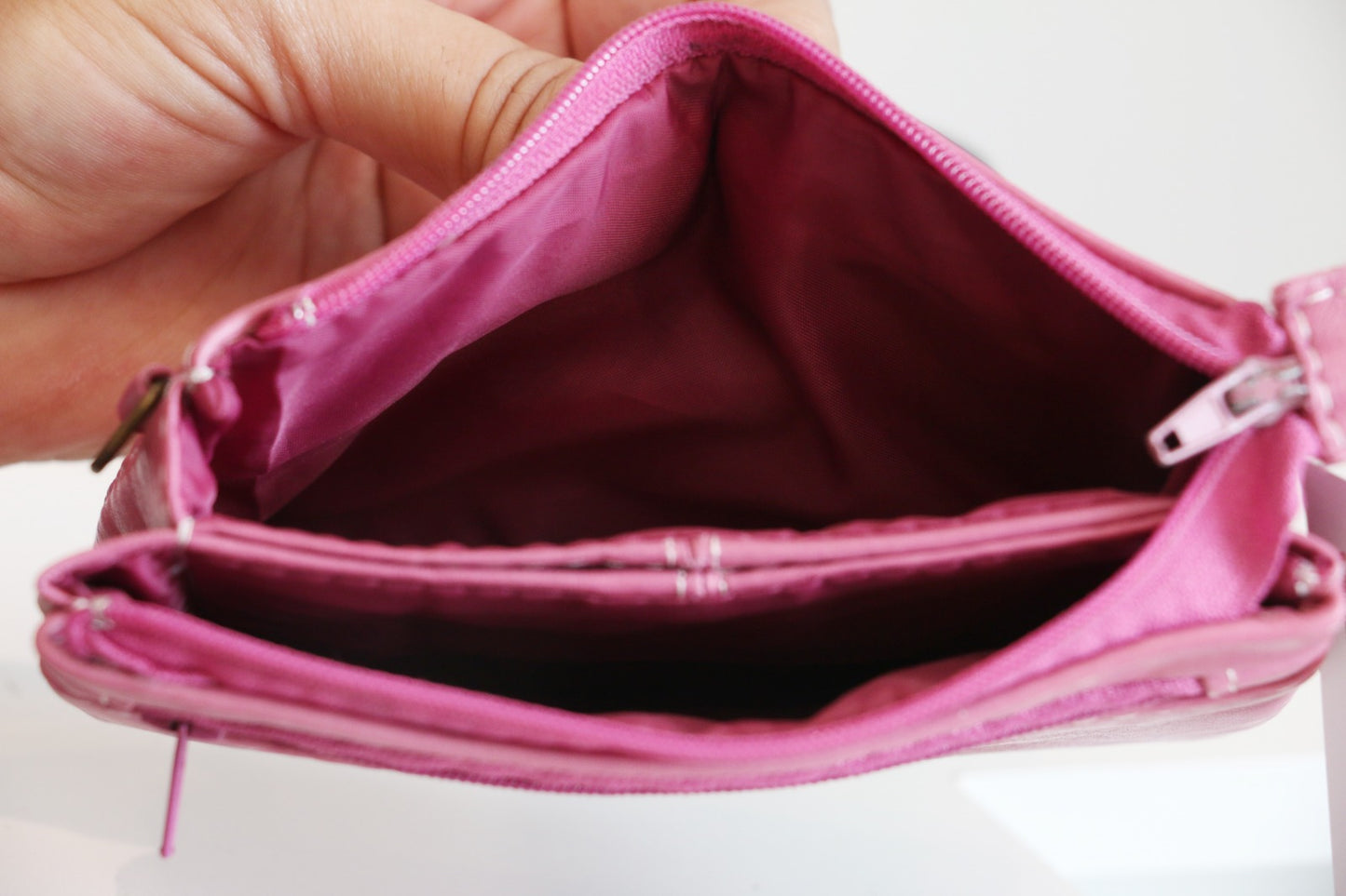 Compact Pink Leather Zipper Pouch